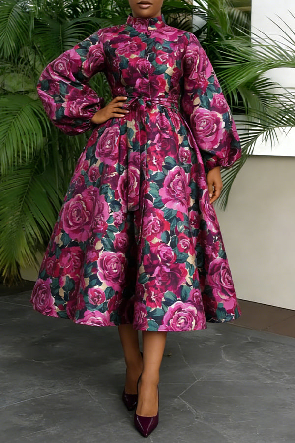 Luxury Balloon Sleeve Belted A-line Rose Church Dress