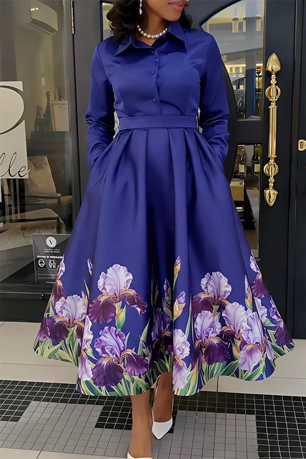 Faith Fashion Iris Flower Pleated A-line Midi Dress