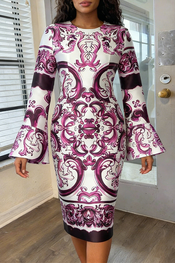 Chic Trumpet Sleeve Graphic Print Church Dress