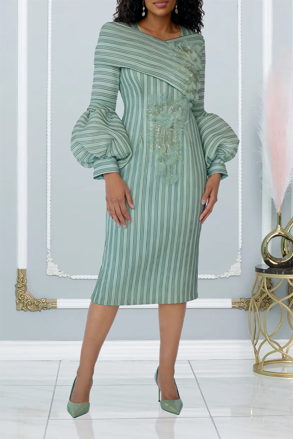 Chic Lantern Sleeve Striped Church Dress