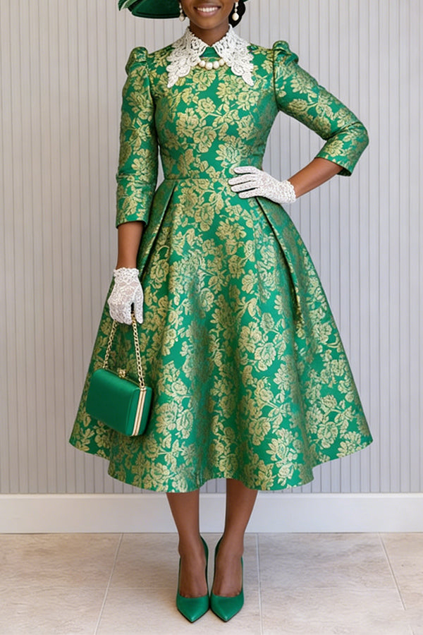 Chic Lace Neck Graphic Print Dress