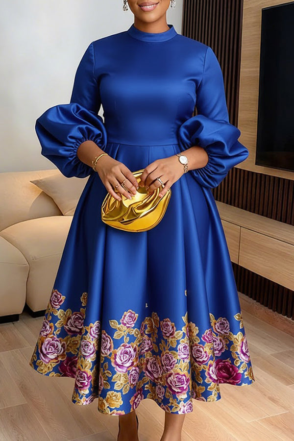 Elegant Floral Balloon Sleeve Print Dress