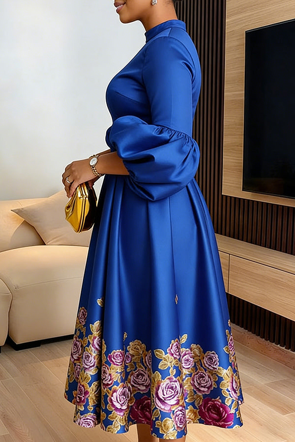 Elegant Floral Balloon Sleeve Print Dress