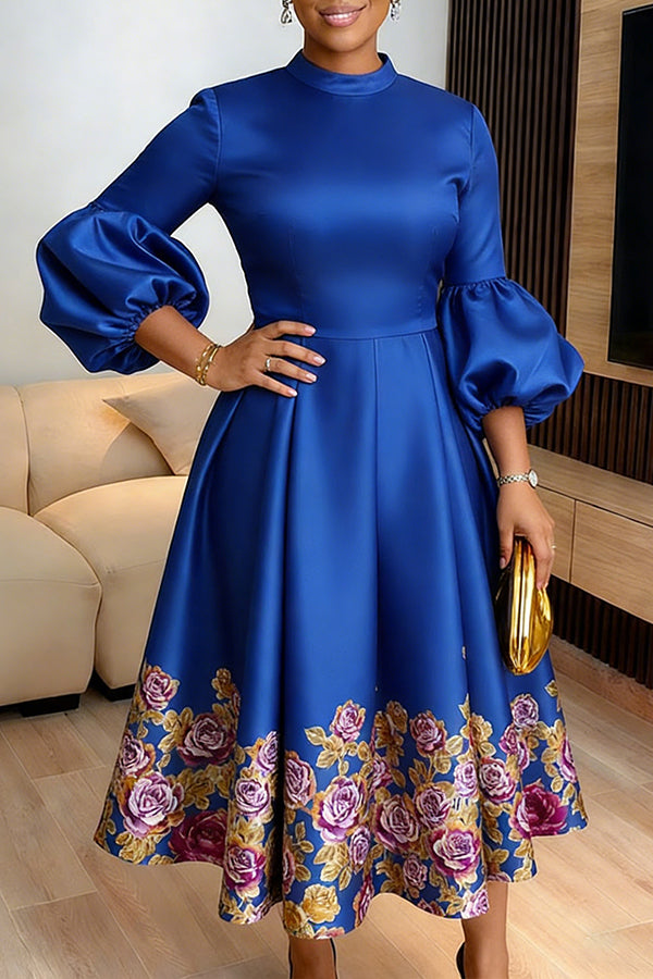 Elegant Floral Balloon Sleeve Print Dress