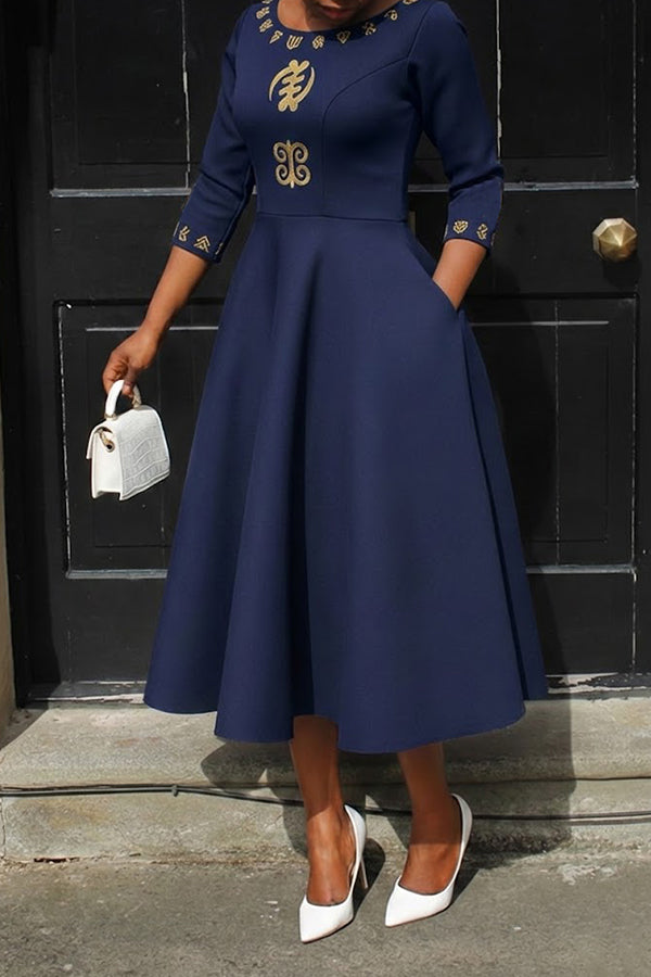 Elegant Adinkra Symbol Embroidered Midi Dress