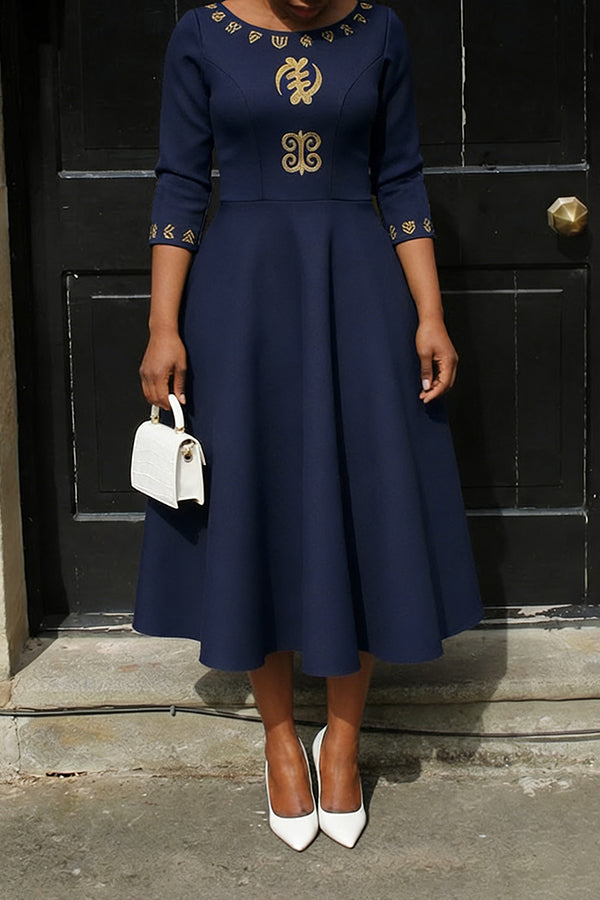Elegant Adinkra Symbol Embroidered Midi Dress