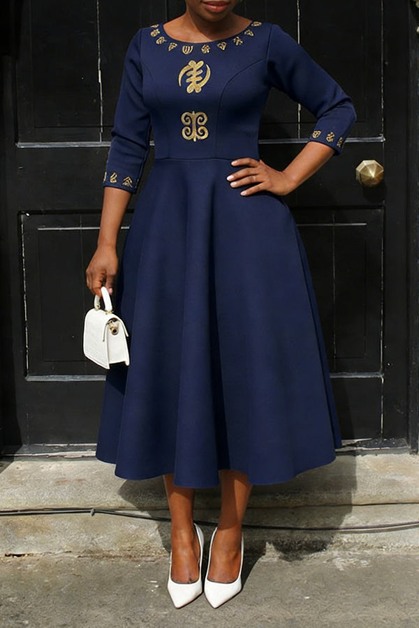 Elegant Adinkra Symbol Embroidered Midi Dress