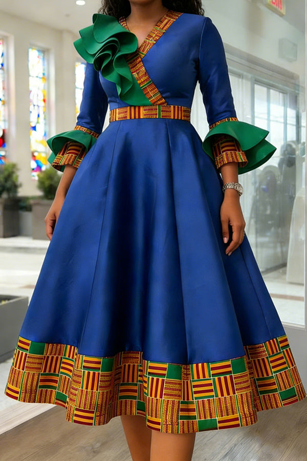 Elegant Colorblock Ruffle Kente Trim Midi Dress