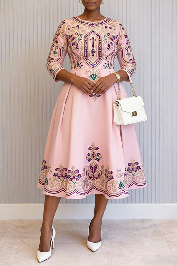 Elegant Floral Print A-line Midi Dress