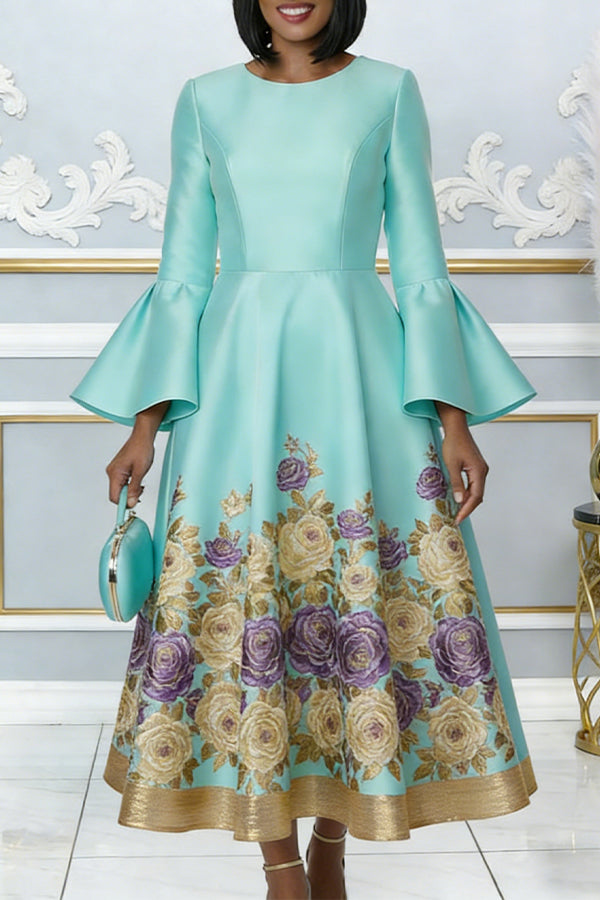 Elegant Floral Print Flared Sleeve Maxi Dress