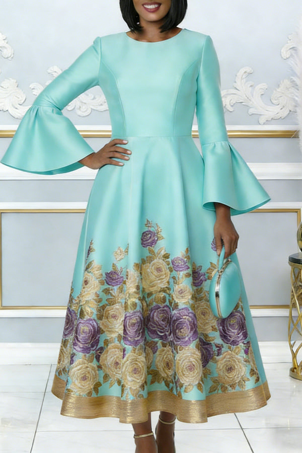 Elegant Floral Print Flared Sleeve Maxi Dress