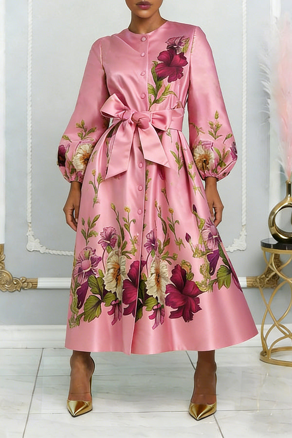 Multicolor Bow Lantern Sleeve Floral Print Dress