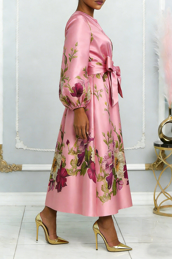 Multicolor Bow Lantern Sleeve Floral Print Dress