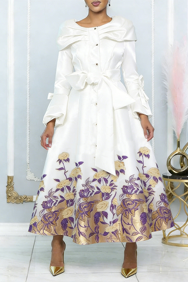 Elegant Colorblock Flower Pattern Pleated Maxi Dress