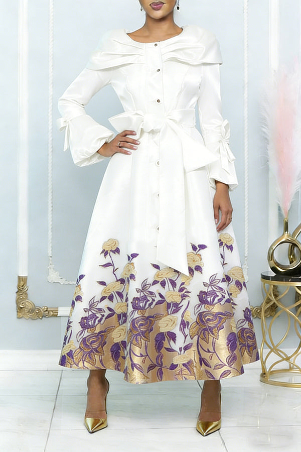 Elegant Colorblock Flower Pattern Pleated Maxi Dress