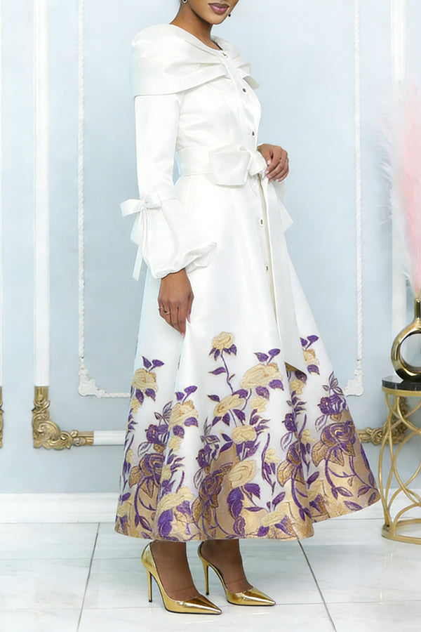 Elegant Colorblock Flower Pattern Pleated Maxi Dress