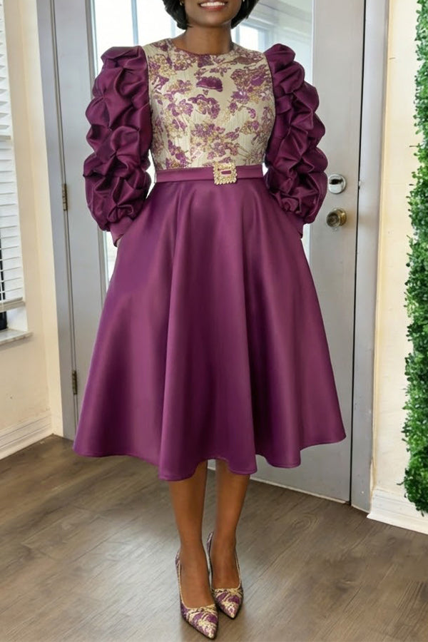 Chic Gigot Sleeve Jacquard Paneling Dress