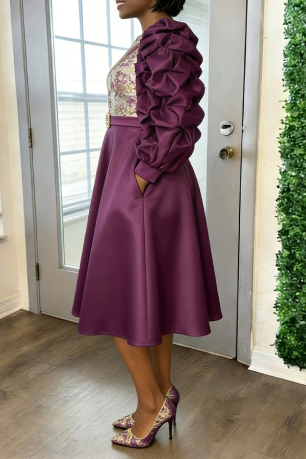 Chic Gigot Sleeve Jacquard Paneling Dress