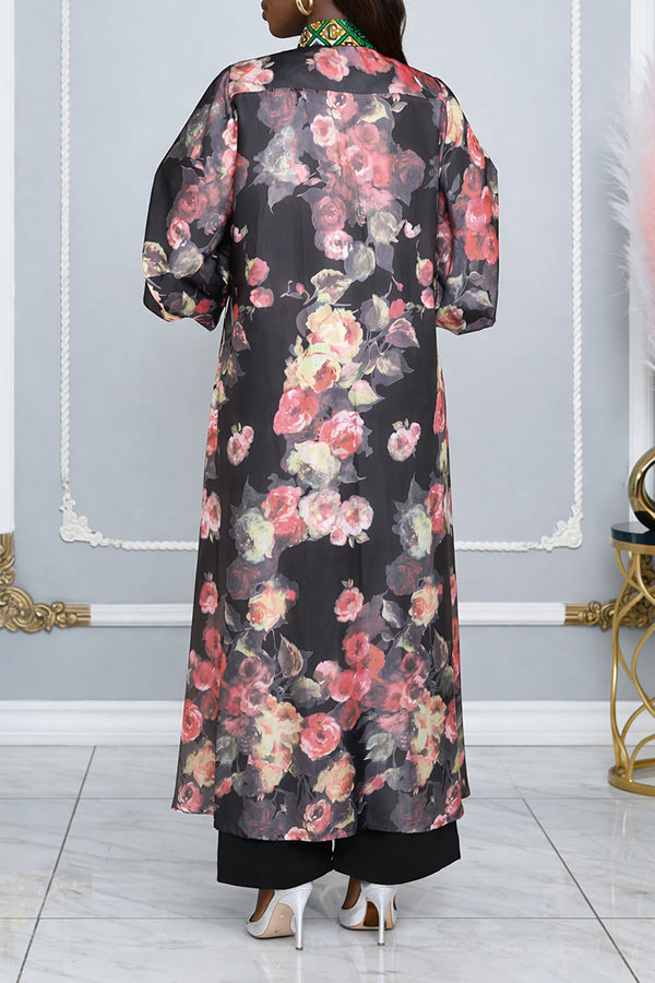 Elegant Kente Floral Print Maxi Shirt Dress