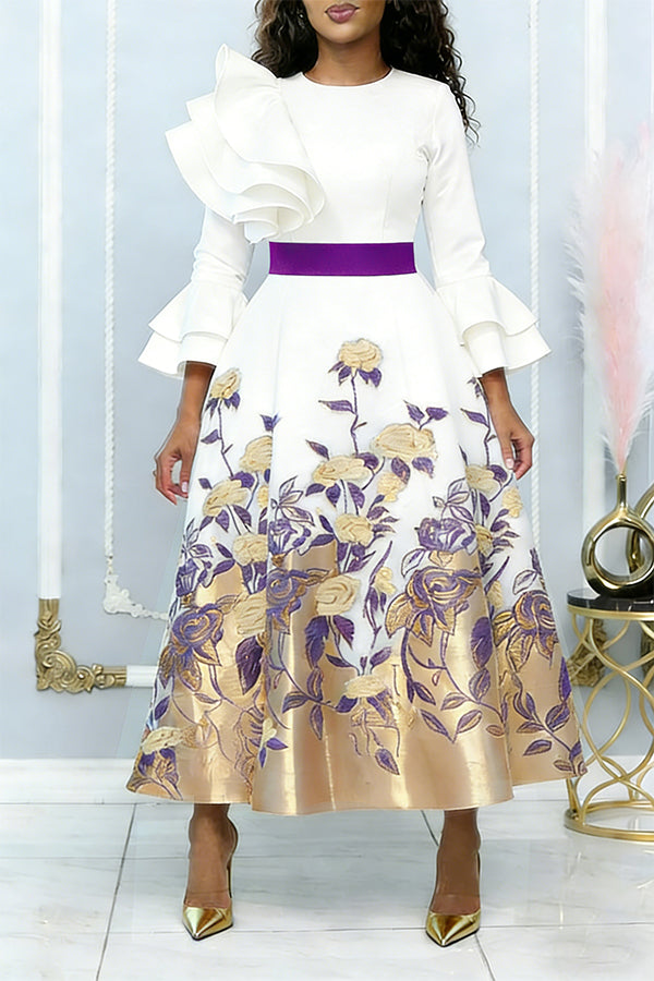 Elegant Flower Pattern Layered Ruffle Dress