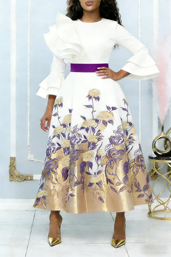 Elegant Flower Pattern Layered Ruffle Dress