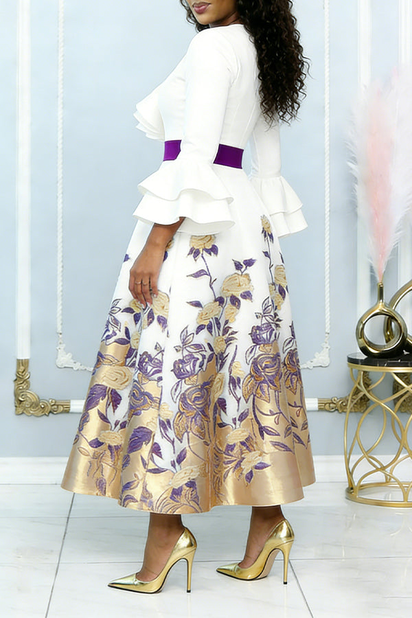 Elegant Flower Pattern Layered Ruffle Dress