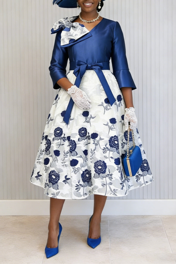 Elegant Bow Colorblock Floral Print Belted Ddress