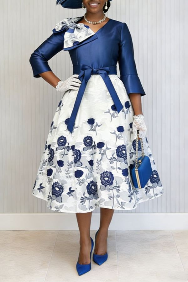 Elegant Bow Colorblock Floral Print Belted Ddress