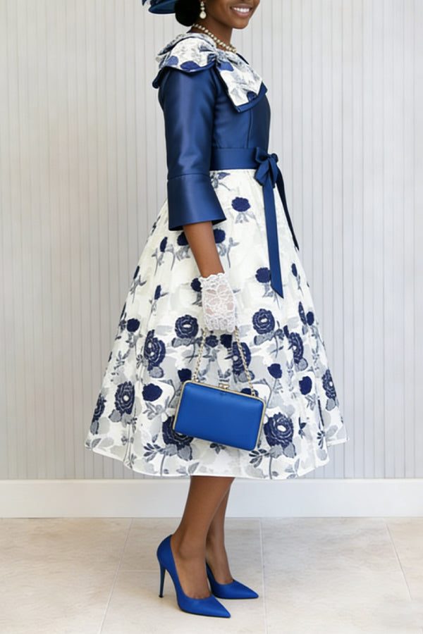 Elegant Bow Colorblock Floral Print Belted Ddress