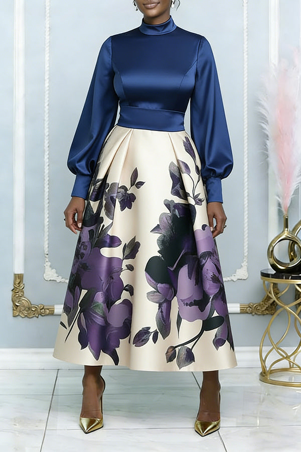Elegant Colorblock Floral Print Lantern Sleeve Dress