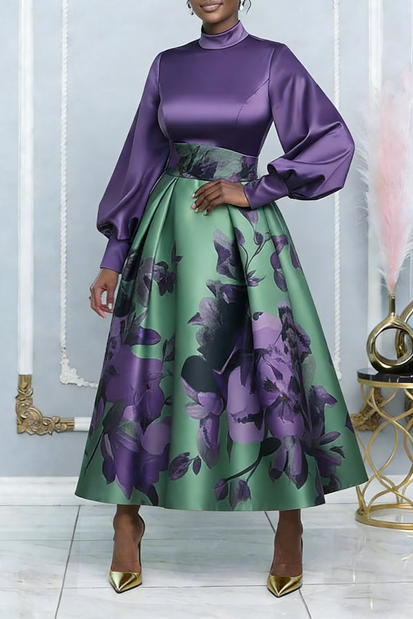 Elegant Colorblock Floral Print Lantern Sleeve Dress