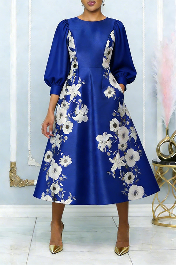 Elegant Lantern Sleeve Flower Print Dress