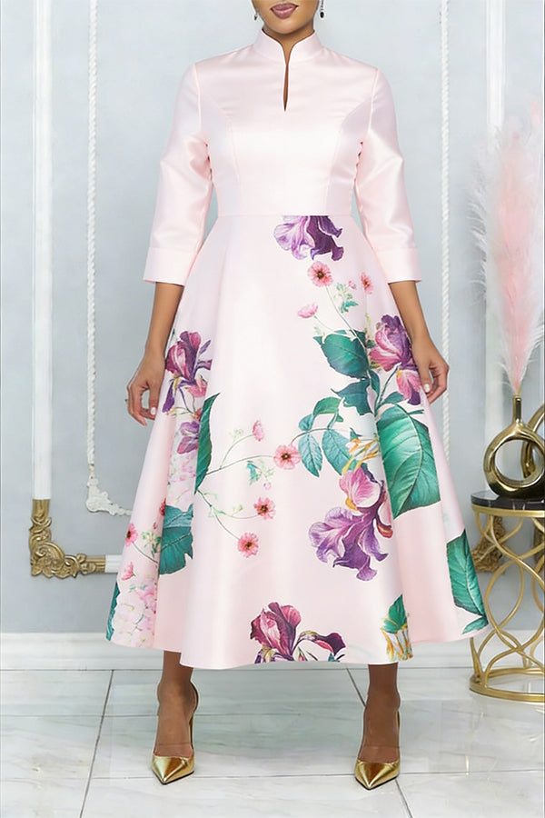 Elegant Keyhole Neck Flower Print Dress