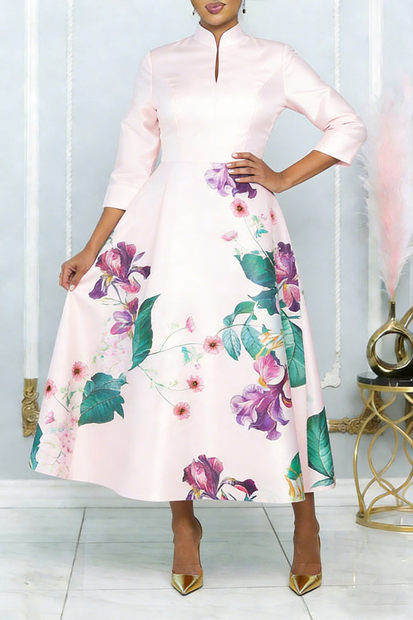 Elegant Keyhole Neck Flower Print Dress