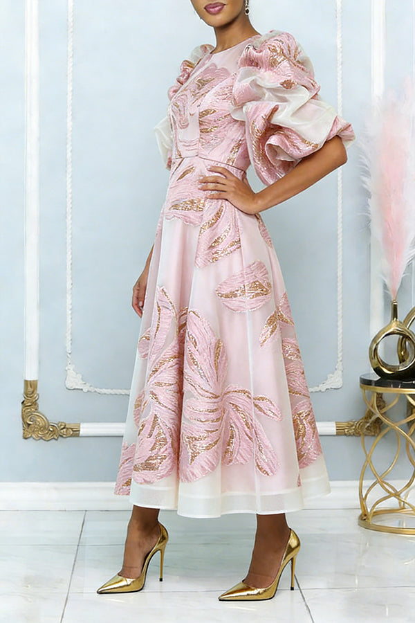 Elegant Pleated Puff Sleeve Jacquard Midi Dress