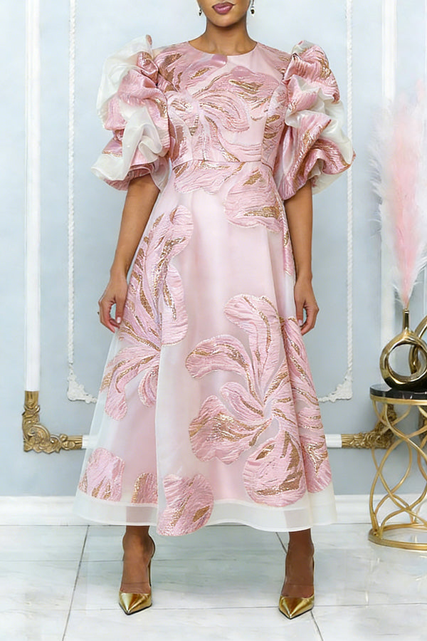 Elegant Pleated Puff Sleeve Jacquard Midi Dress