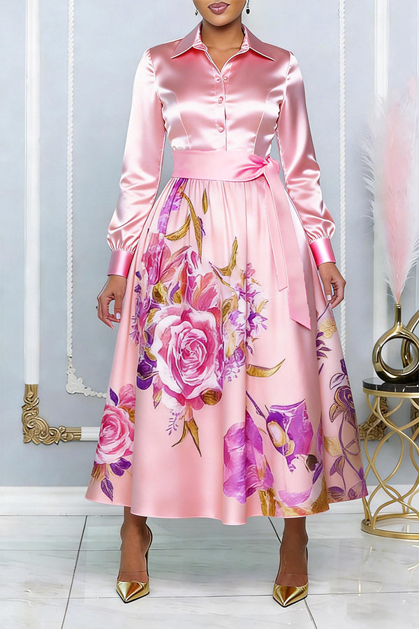 Elegant Floral Print Belted Dress