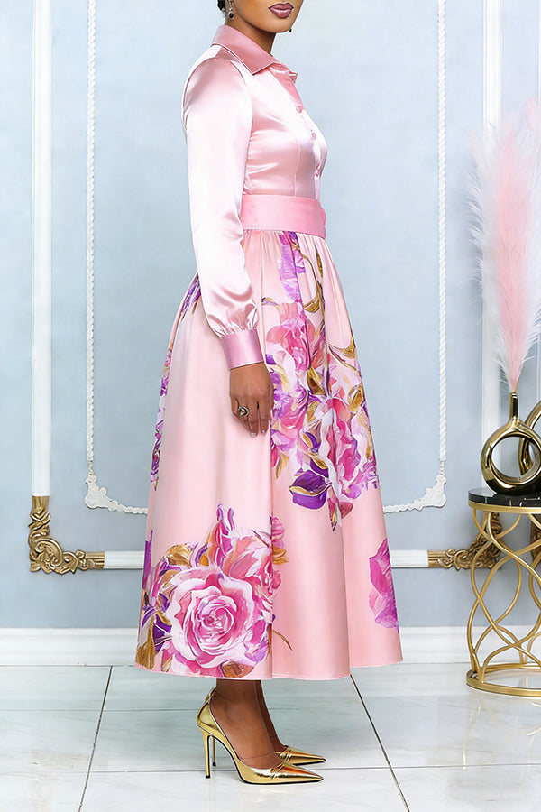Elegant Floral Print Belted Dress