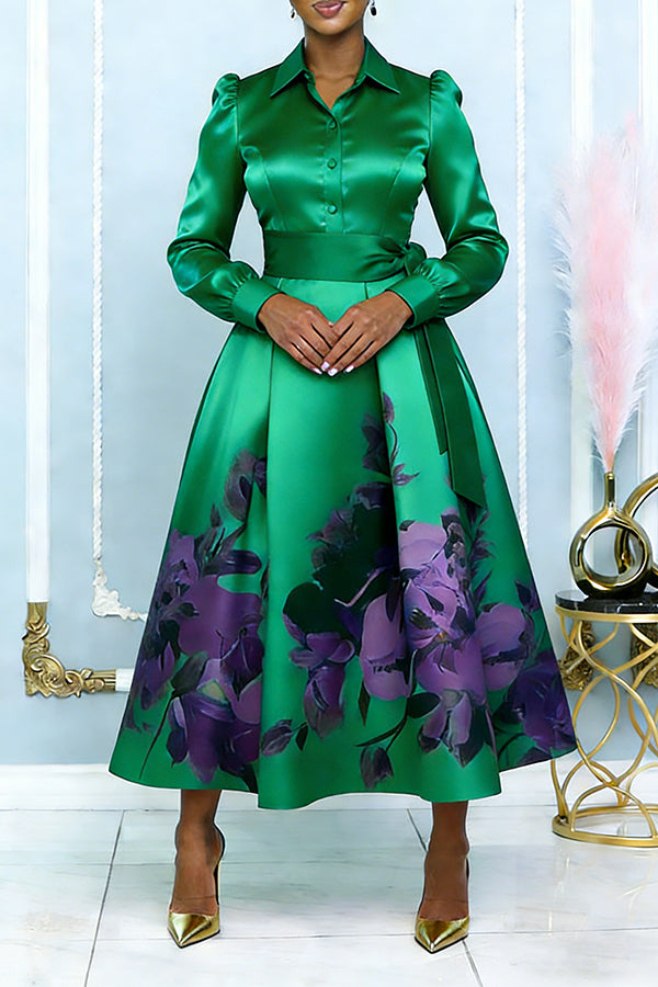 Elegant Contrasting Floral Print Belted Dress