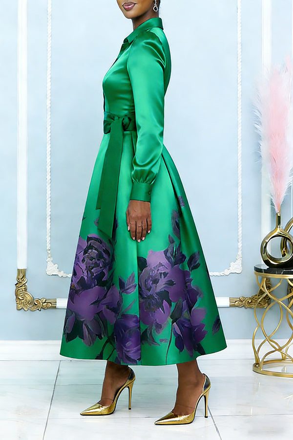 Elegant Contrasting Floral Print Belted Dress