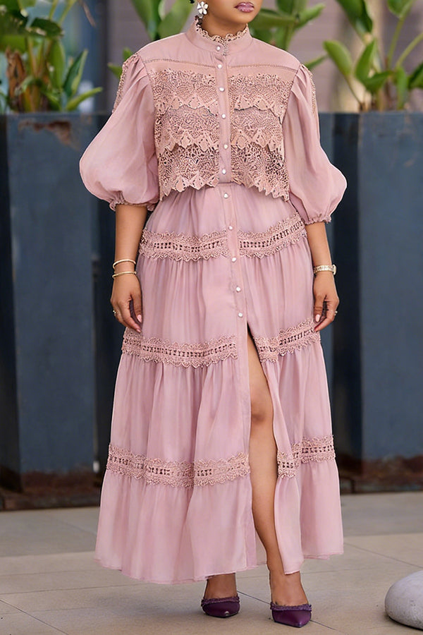 Elegant Button Up Lace Lantern Sleeve Dress