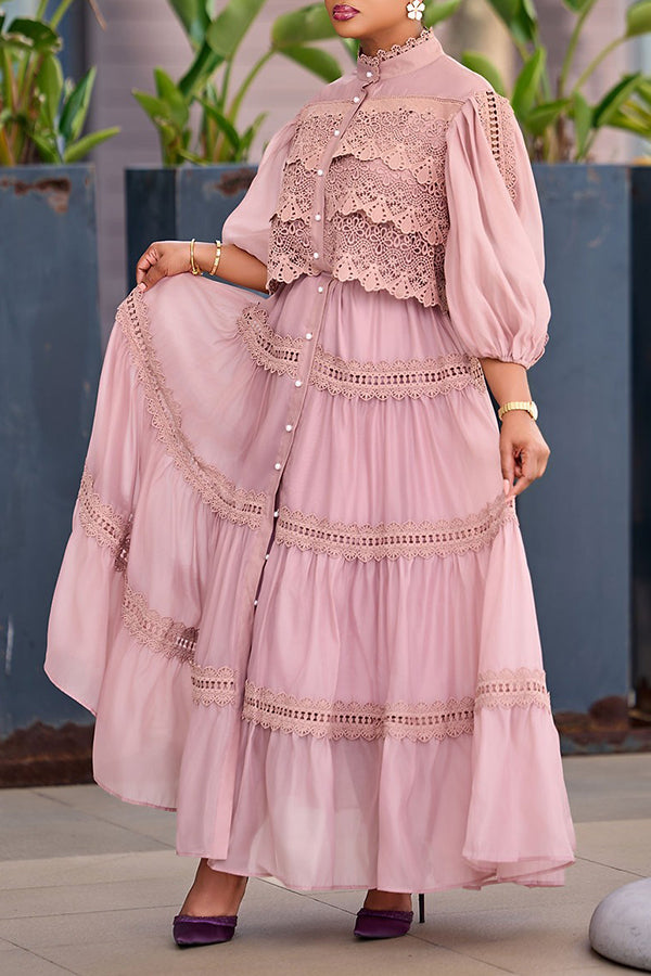 Elegant Button Up Lace Lantern Sleeve Dress