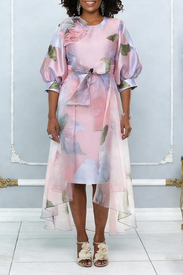 Elegant Bow 3D Floral Asymmetrical Hem Dress