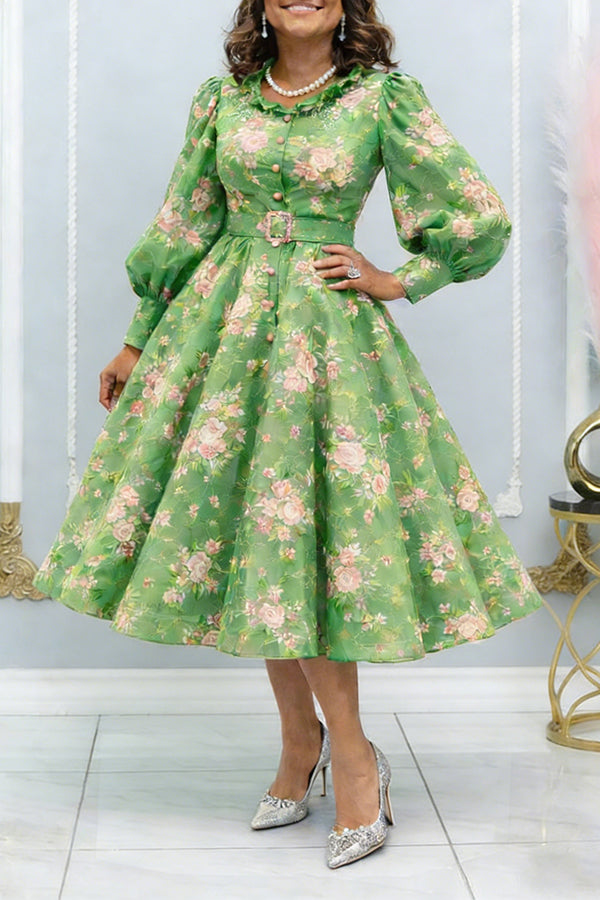 Stylish Floral Print Ruffle Belted Dress