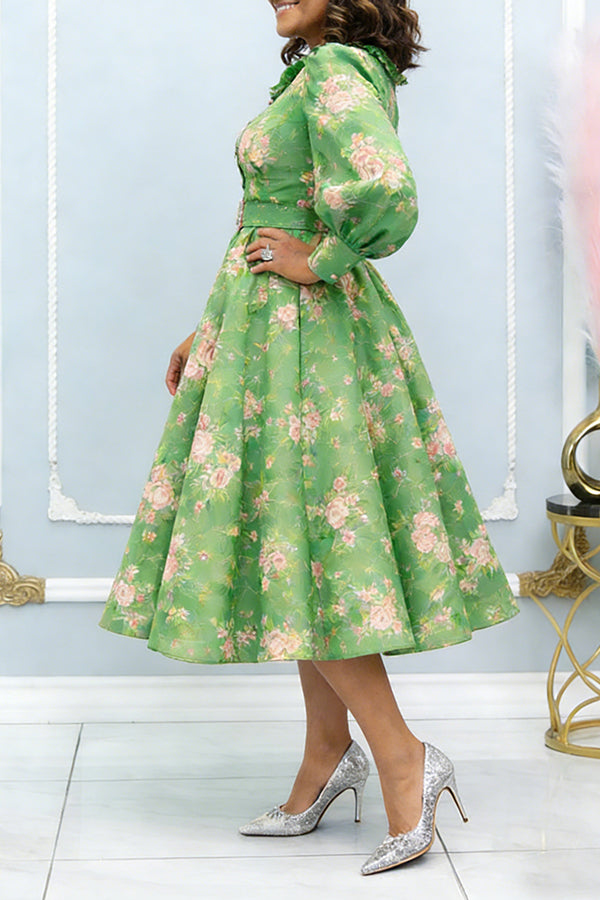 Stylish Floral Print Ruffle Belted Dress