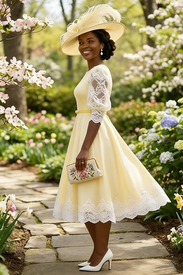 Sunday Best Lace Patchwork Puff Sleeve Vanilla Yellow Dress