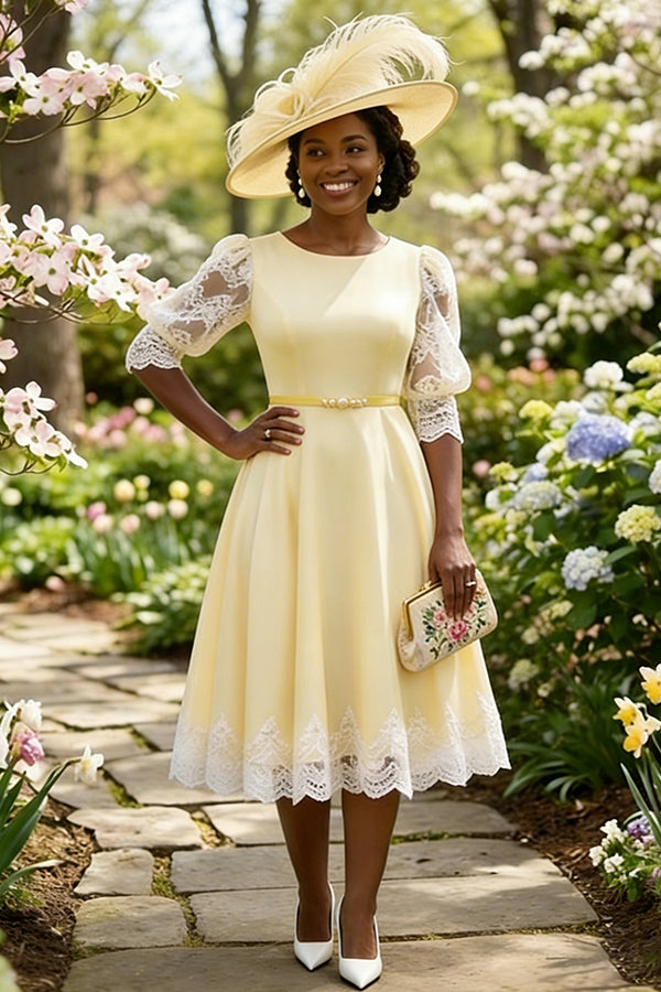 Sunday Best Lace Patchwork Puff Sleeve Vanilla Yellow Dress