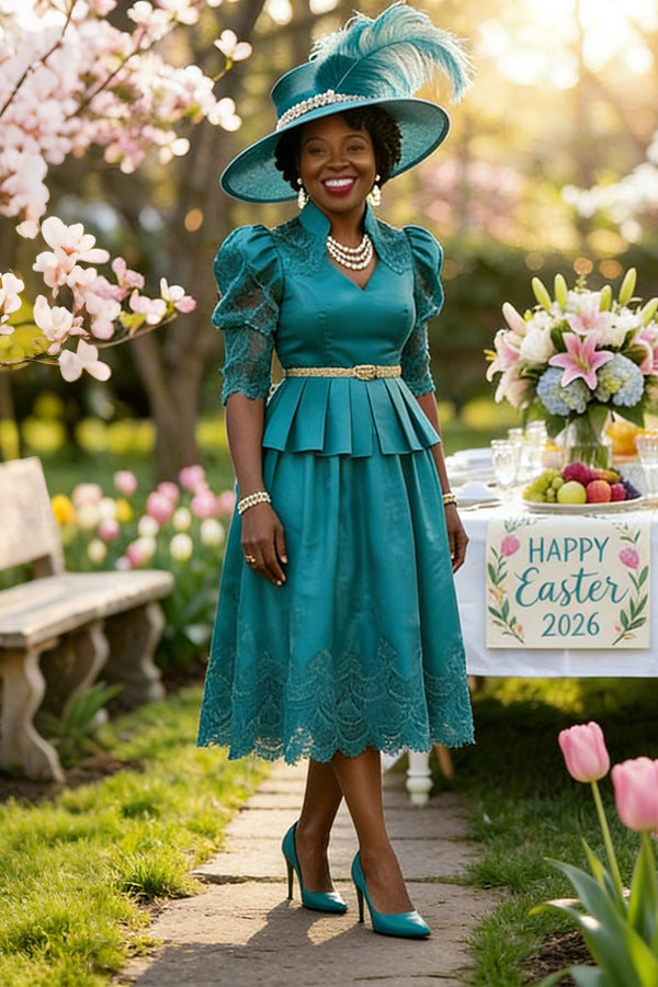 Sunday Best Pleated Lace Patchwork Teal Dress