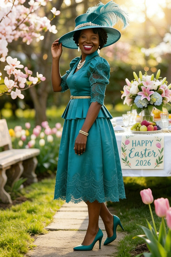 Sunday Best Pleated Lace Patchwork Teal Dress