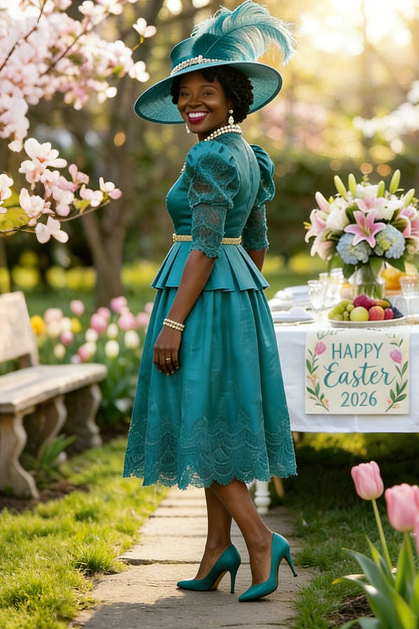 Sunday Best Pleated Lace Patchwork Teal Dress
